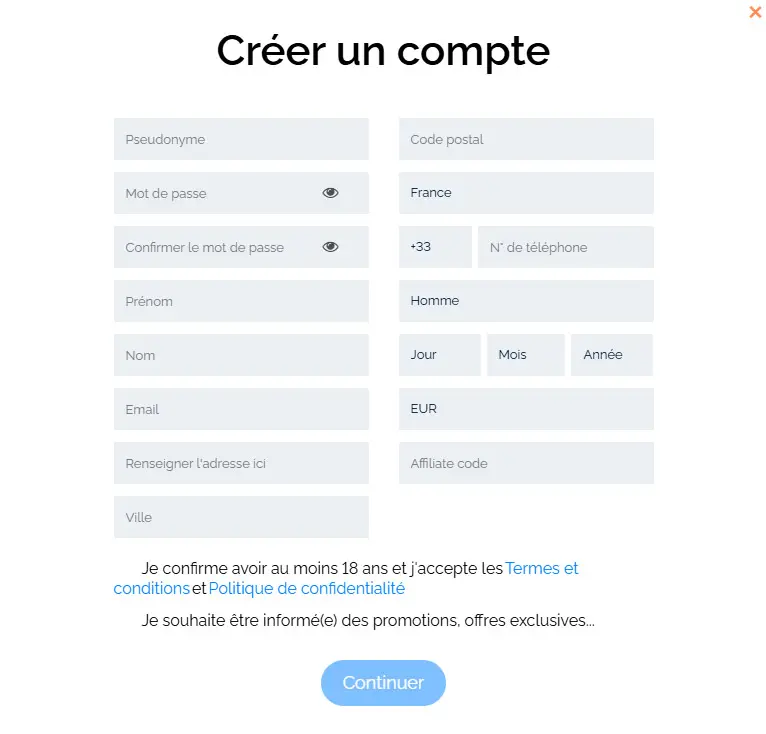 Processus d'inscription CAZ WIN CASINO